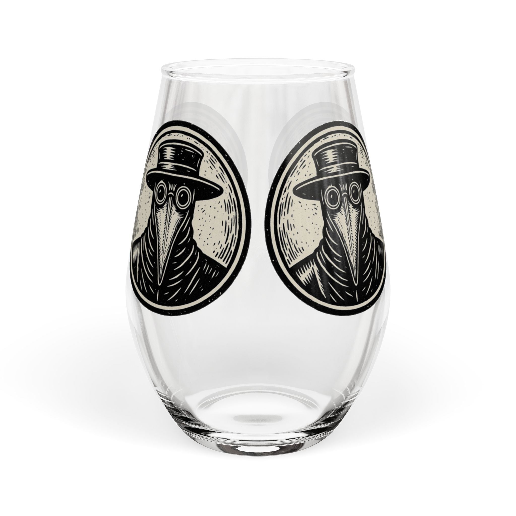 Round Plague Doctor Illustration Stemless Wine Glass | 11.75 oz