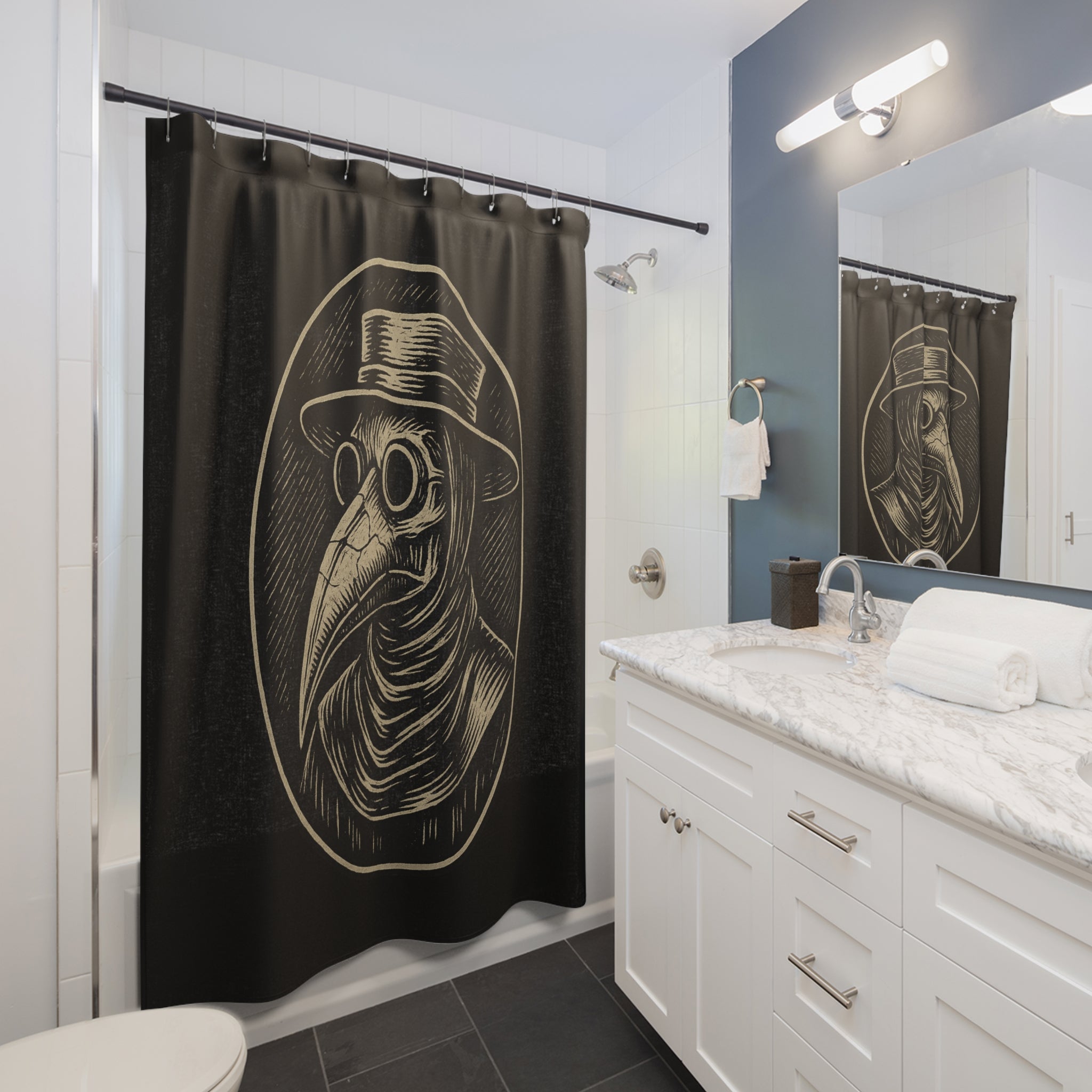 Plague Doctor Shower Curtain — Gothic Vintage Medical Mask Bathroom Decor