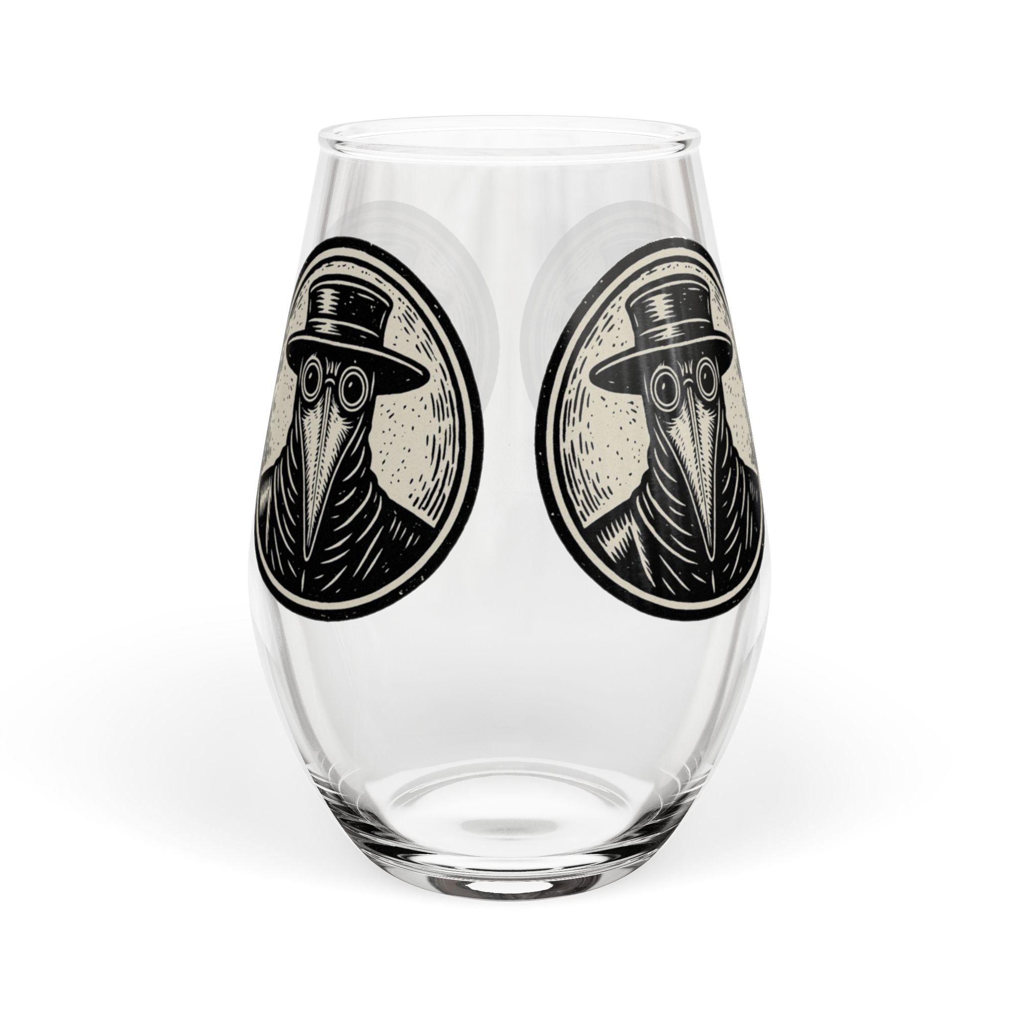 Round Plague Doctor Illustration Stemless Wine Glass | 11.75 oz