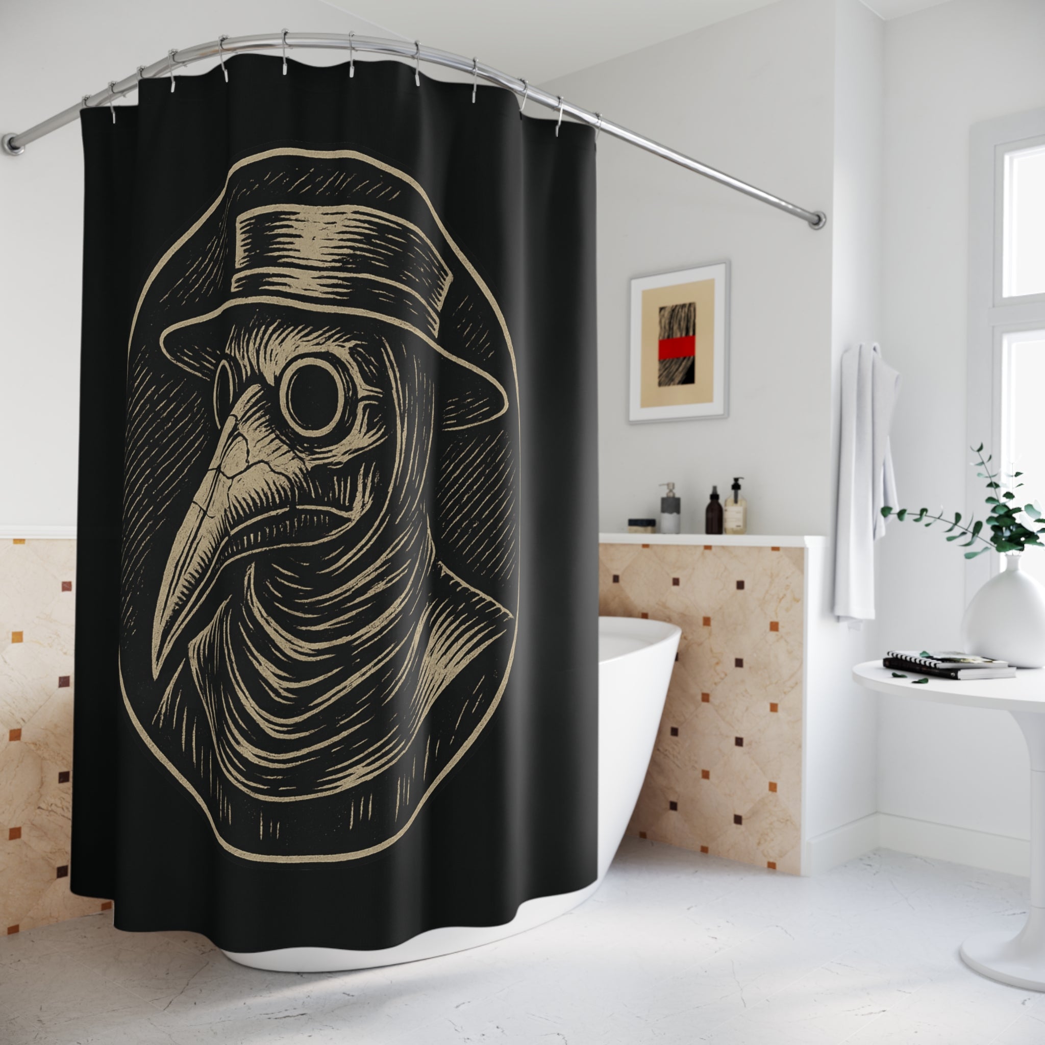 Plague Doctor Shower Curtain — Gothic Vintage Medical Mask Bathroom Decor