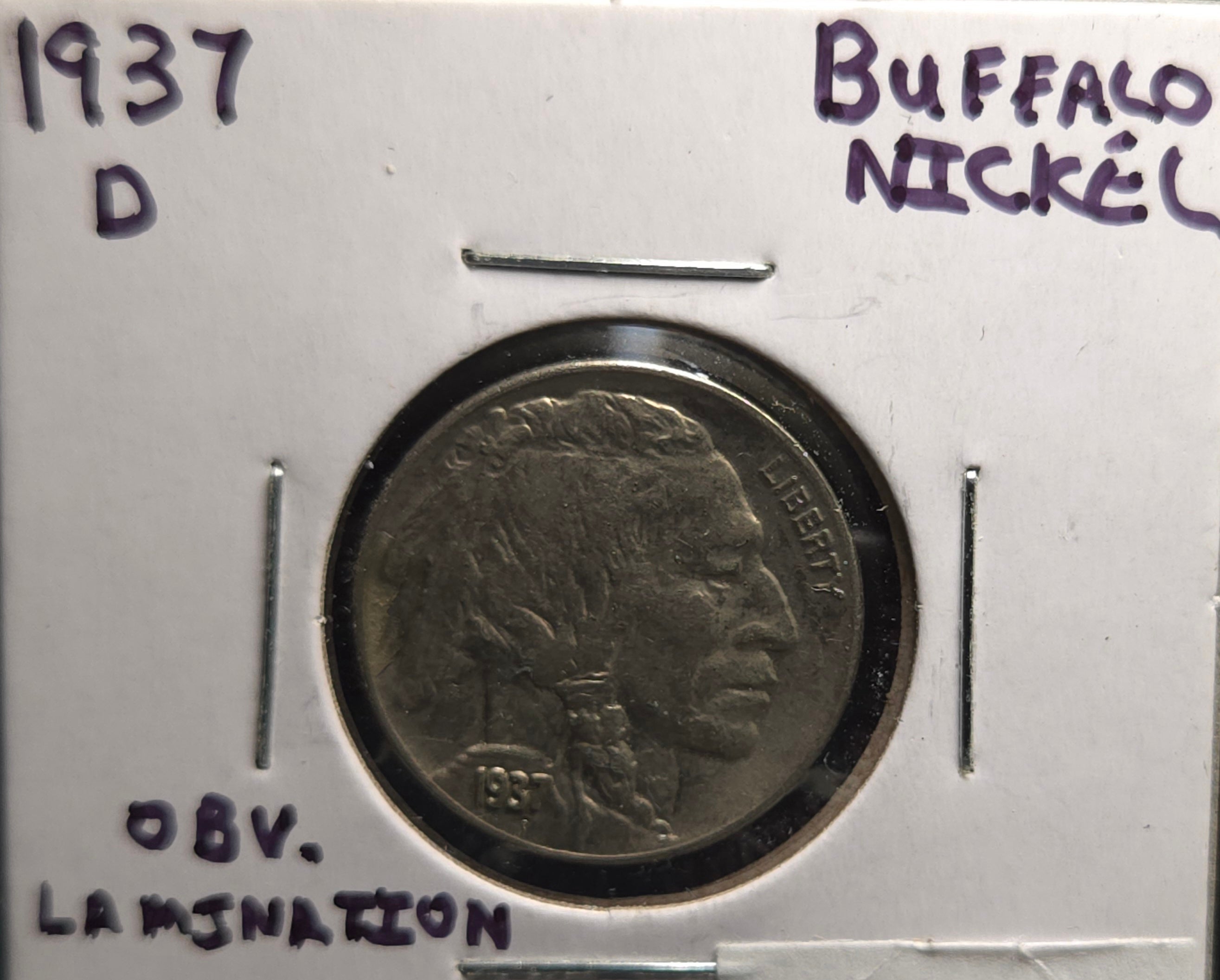 1937 D Buffalo Nickel (Obverse Lamination)