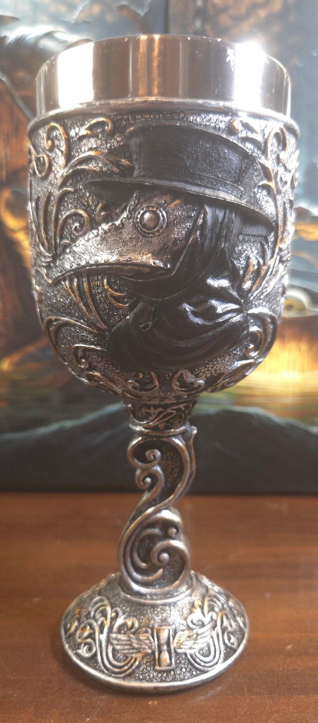 Plague Doctor Wine Goblet — Gothic Resin Chalice with Stainless Steel Cup (7")