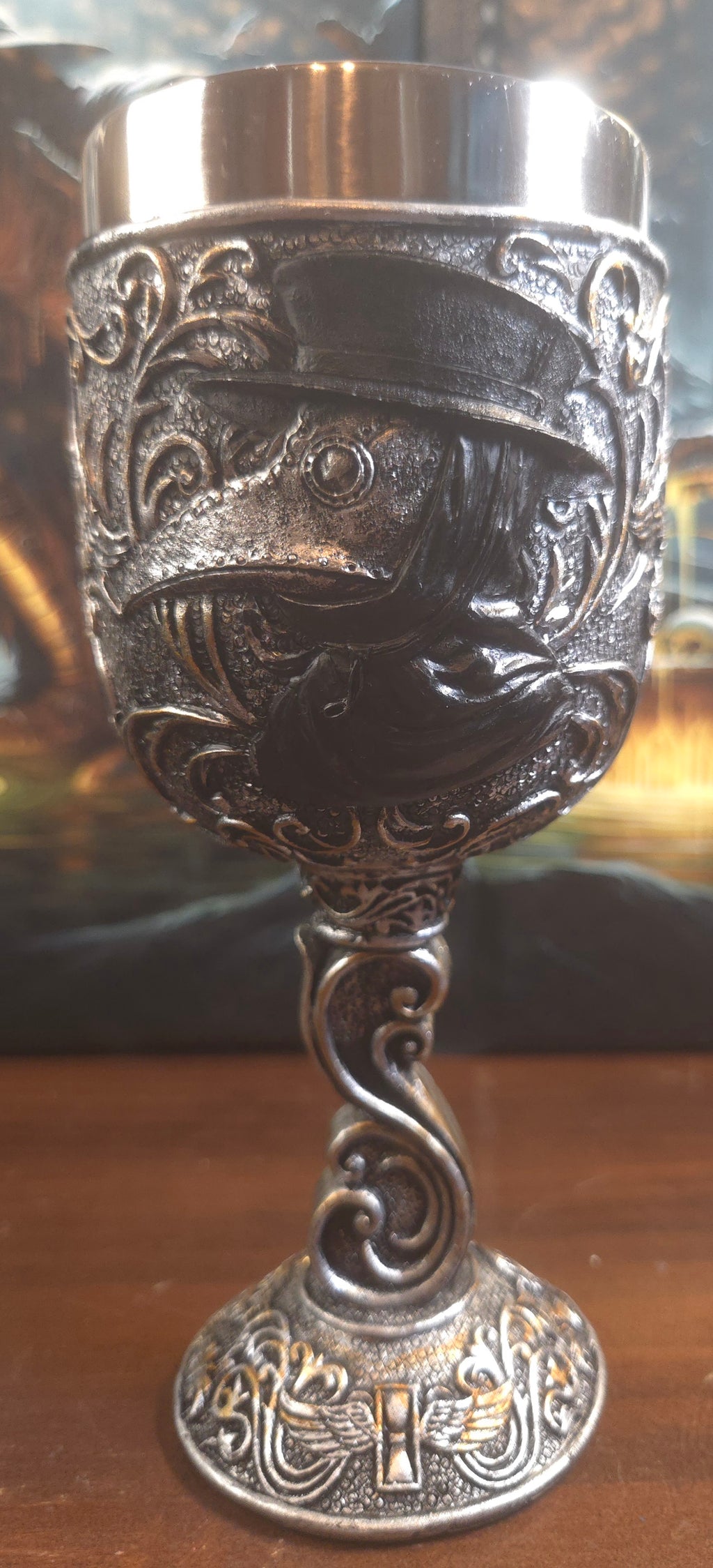 Plague Doctor Wine Goblet — Gothic Resin Chalice with Stainless Steel Cup (7")