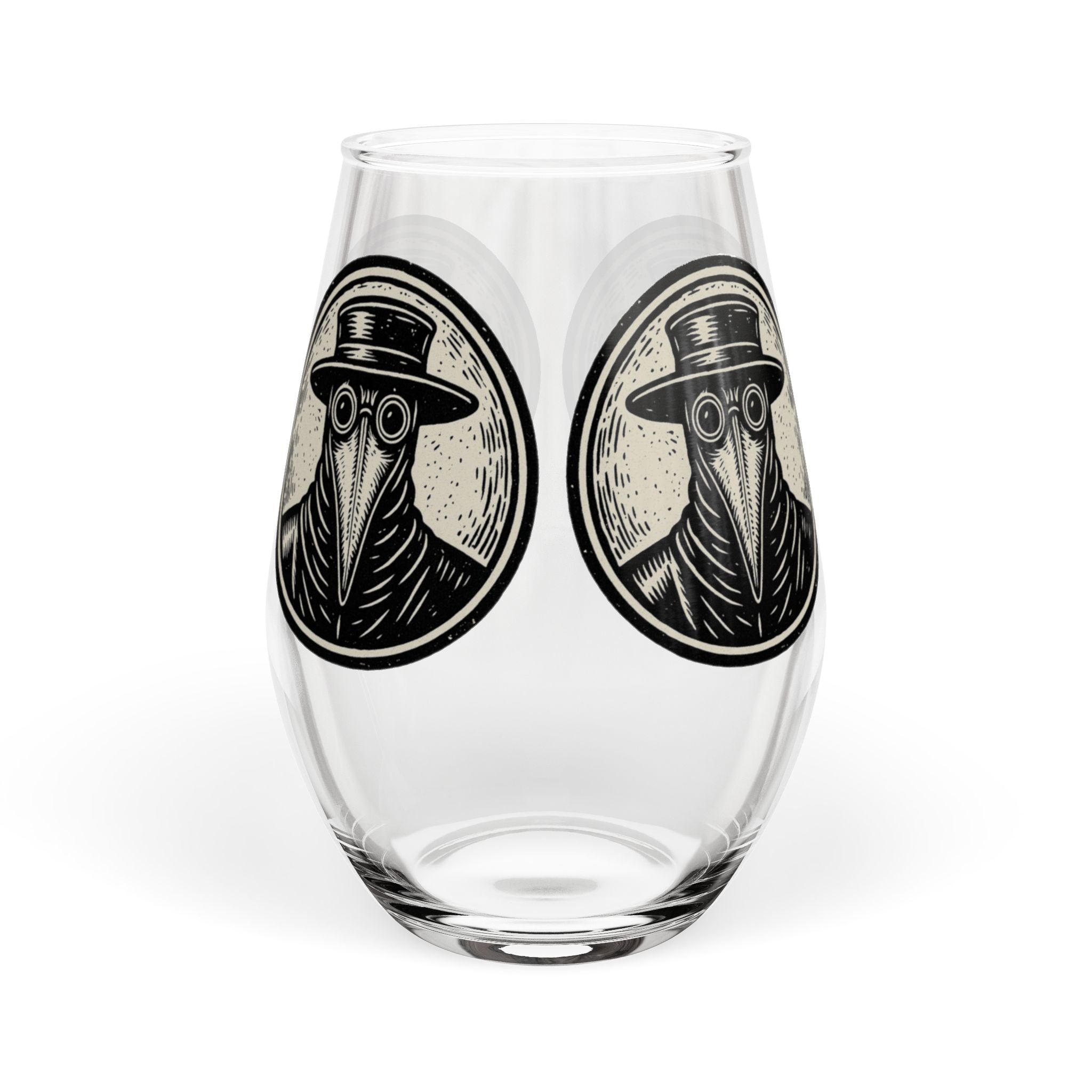 Round Plague Doctor Illustration Stemless Wine Glass | 11.75 oz