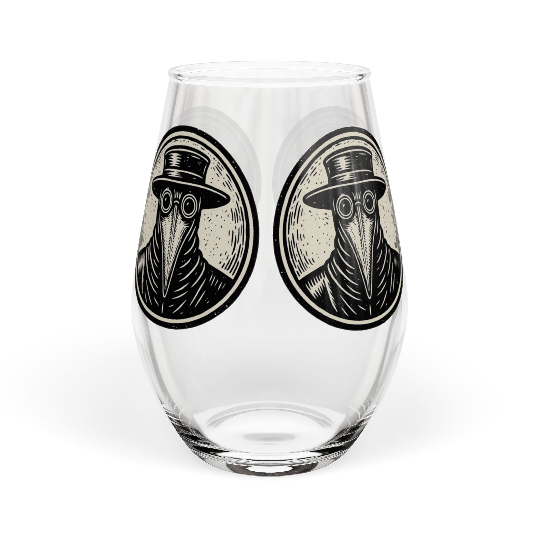 Round Plague Doctor Illustration Stemless Wine Glass | 11.75 oz